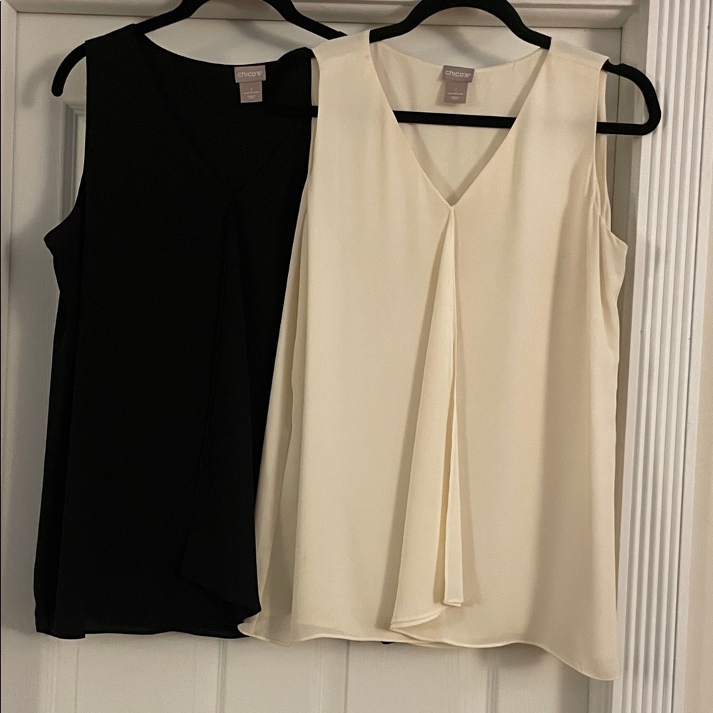 2 Chico’s Vneck sz=8-10 lightweight, washable, silky, sleeveless dress tanks.EUC